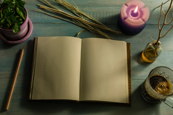 Cuaderno, lápiz, velas perfumadas, aceites esenciales, ramas de árboles, árboles pequeños en macetas, tazas de café. Sobre una mesa de madera — Foto de Stock