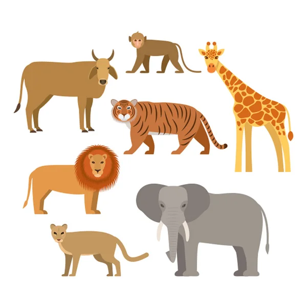 Set African Animals Flat Vector Illustration Isolated White Background — Stock Vector