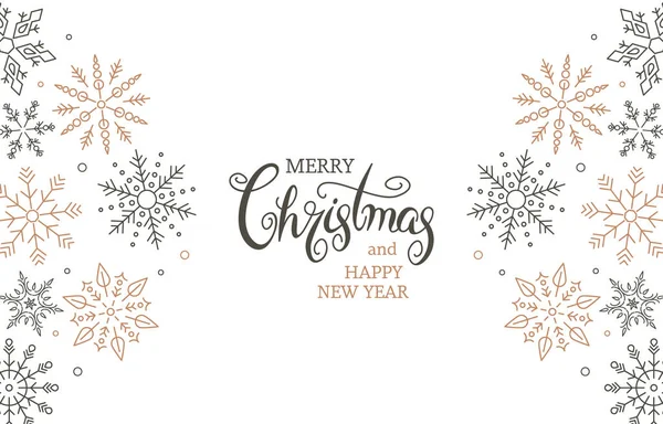 Проста сучасна вітальна листівка з Різдвом і щасливим новим роком. Ручне написання та плоскі сніжинки . — стоковий вектор
