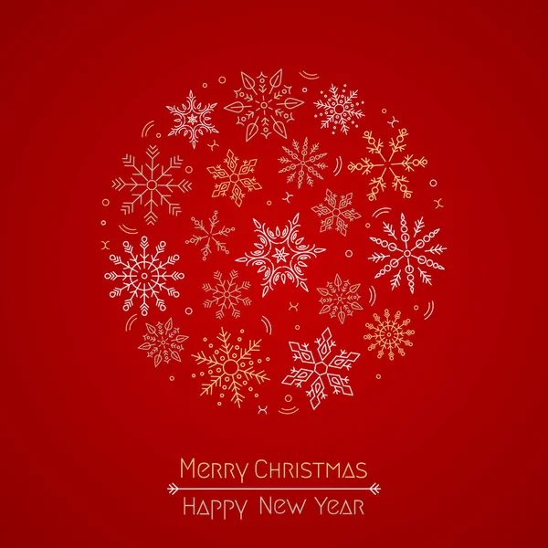 메리 크리스마스 (Merry Christmas), 새해 (New Year) 인용 성탄절 (Christmas snowflakes) 의붉은 배경 위에 원을 그리며. — 스톡 벡터