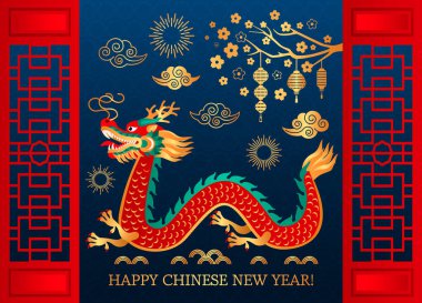 Mutlu Çin Yeni Yılı 2020. Şablon afişi, poster, tebrik kartları. Sakura, Çin altın ejderhası, fener, çiçekler..