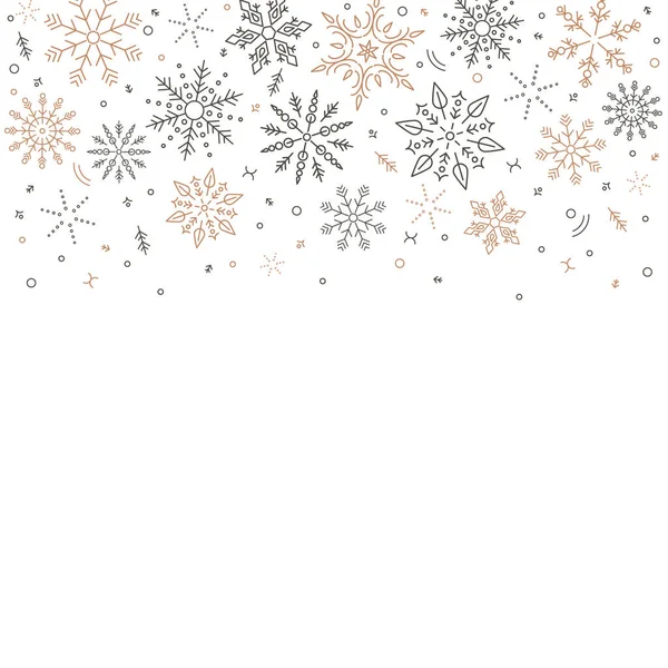 Von oben fallen graugoldene Schneeflocken. Weihnachtselement. Gratulierender Feiertagshintergrund und Weihnachtskonzept. — Stockvektor