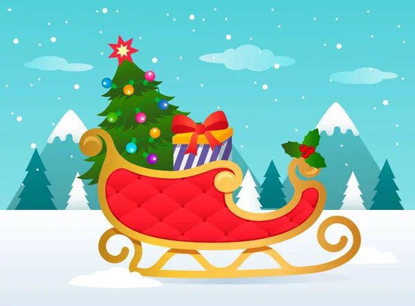 Gold-roter Weihnachtsmann-Schlitten mit Geschenken und einem Weihnachtsbaum vor dem Hintergrund einer Winterlandschaft aus Bergen und Wald. — Stockvektor