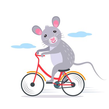 Yüzünde bir gülümseme olan küçük sevimli sıçan bisiklet sürüyor..