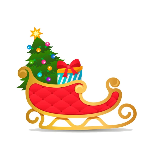 Gold and red sleigh Santa Claus with gifts and a Christmas tree with a garland on a white background. — Stock Vector