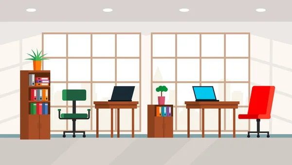 Interior of a large bright office with a large window and a panorama of the city. — Stock Vector