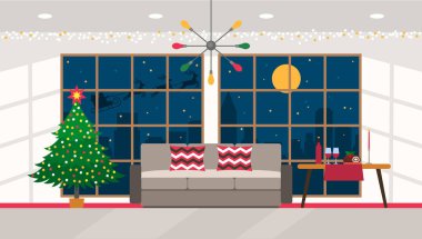 Oturma odasının içinde panoramik pencereli ve şehir manzaralı bir çelenk olan Noel ağacı..