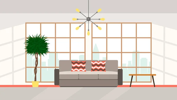 El interior de la sala de estar con grandes ventanas panorámicas con vistas a la ciudad, muebles tapizados en estilo moderno de alta tecnología . — Vector de stock