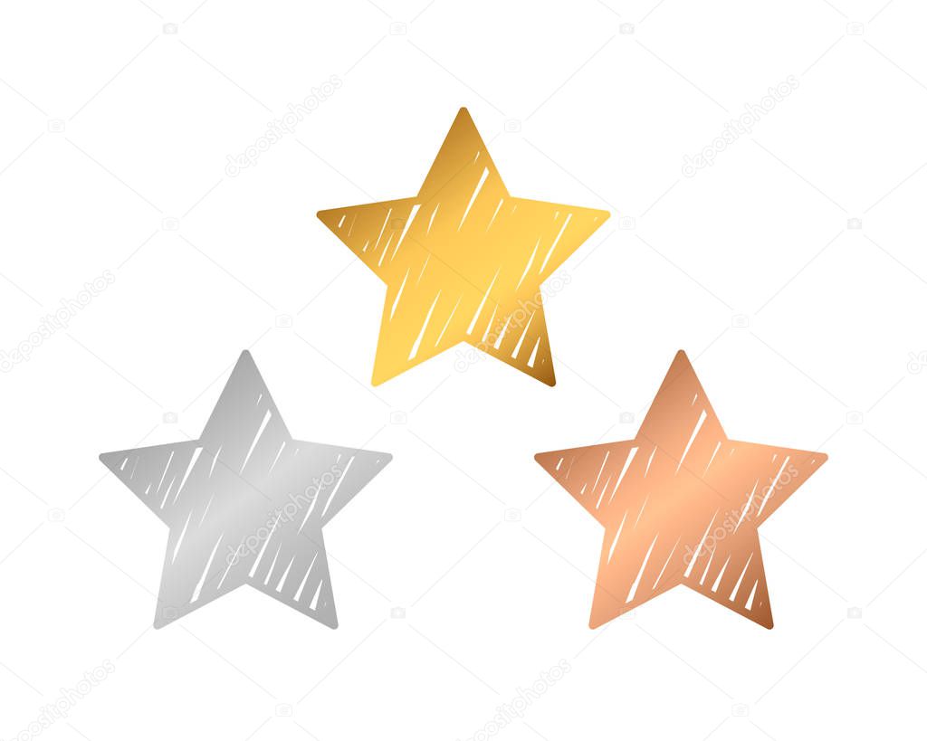 3 winner stars. gold, silver and bronze medals in the style of a hand-drawn outline, brush texture.