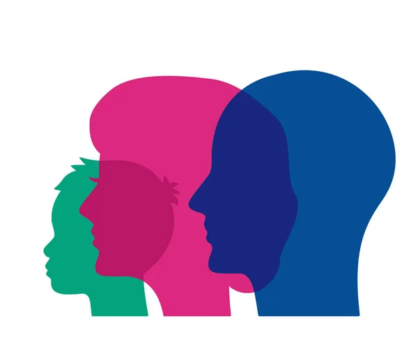 Three heads of a human child, mom, father. psychology of family relations. — Stock Vector