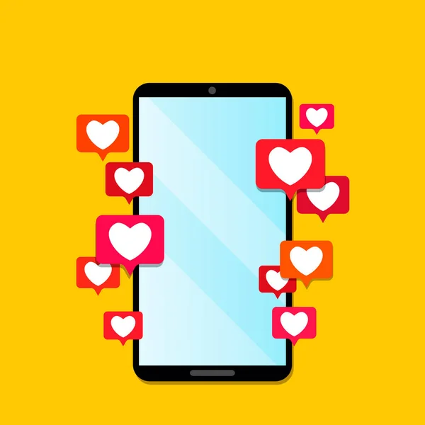 Liefdesberichten op sociale netwerken. De telefoon gaat over met Sms. Ik hou van je. Valentijnsdag concept. — Stockvector