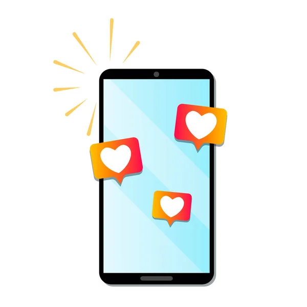 Liefdesberichten op sociale netwerken. De telefoon gaat over met Sms. Ik hou van je. Valentijnsdag concept. — Stockvector