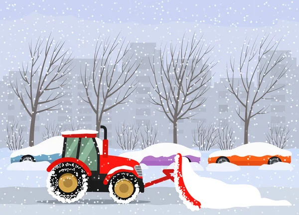 Een tractor reinigt de weg in de stad na zware sneeuwval en hagel. geparkeerde auto 's op straat in sneeuw en sneeuw. — Stockvector