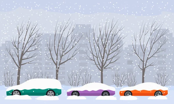 Die Straße fegte nach starkem Schneefall und Hagel durch die Stadt. Geparkte Autos auf der Straße in Schneewehen und Schnee. — Stockvektor