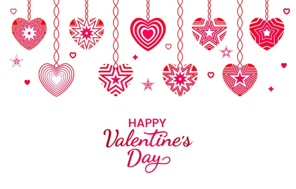 Cartão de felicitações Feliz Dia dos Namorados com a inscrição e uma variedade de corações modernos na forma de uma grinalda. Dia dos amantes — Vetor de Stock