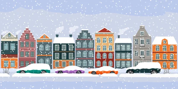 Winter cityscape with snowfall and cars in snowdrifts. — ストックベクタ