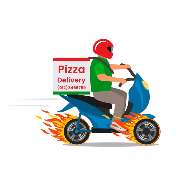 Super fast pizza delivery on a moped on fire wheels. Character young man — 스톡 벡터