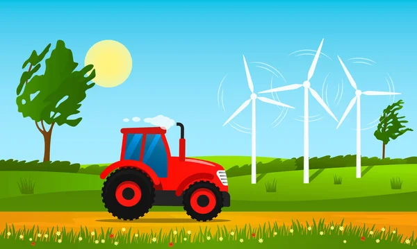 Paisaje rural de verano con campos, árboles y molinos de viento y un tractor. césped de hierba verde . — Vector de stock