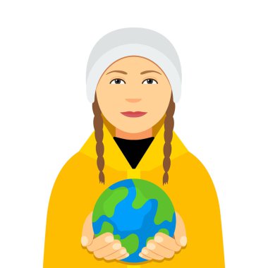 Kiev, Ukraine February 4, 2020: Greta Thunberg in a yellow cloak holds the planet Earth in her hands.