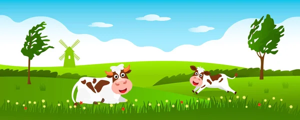 Cute cow and funny calf graze on green grass on a background of rural summer landscape, farm. — 图库矢量图片