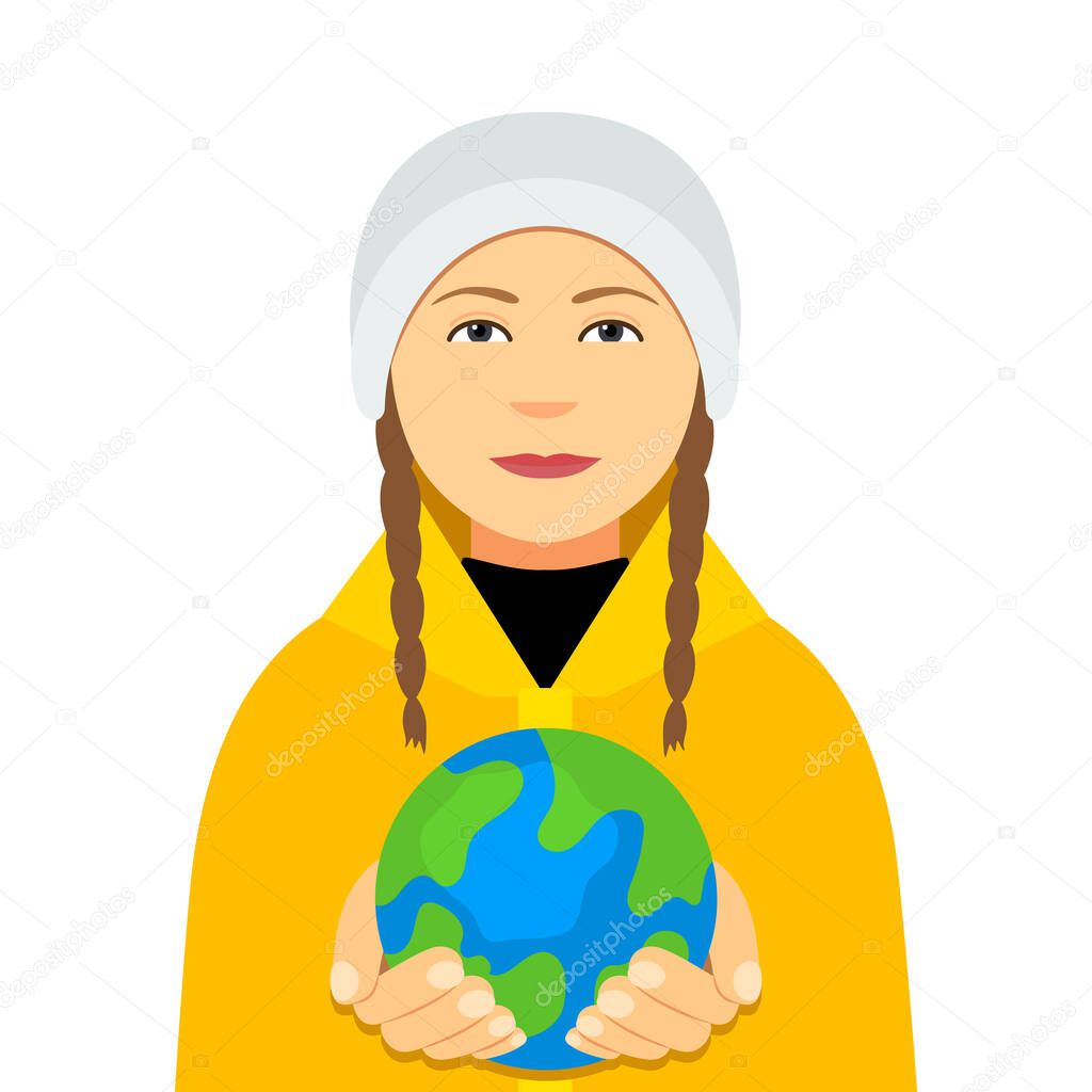 Kiev, Ukraine February 4, 2020: Greta Thunberg in a yellow cloak holds the planet Earth in her hands.