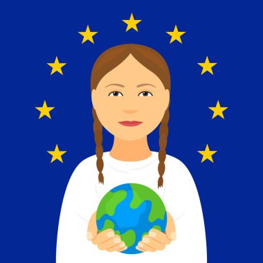 Kiev, Ukraine February 4, 2020: Greta Tunberg on the background of the flag of the European