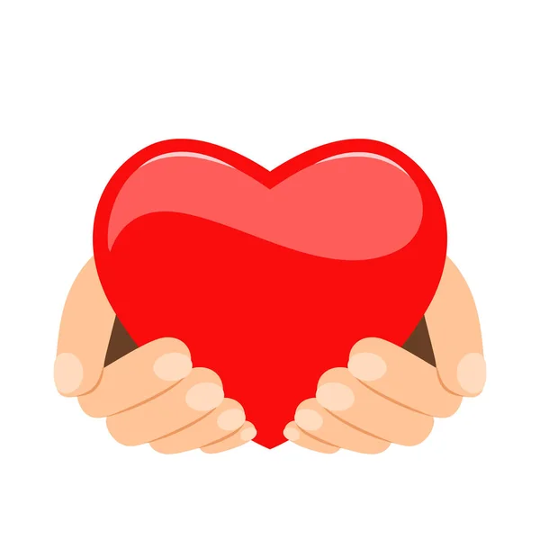 Rood hart in menselijke handen. Het concept van liefde en toewijding en onvoorwaardelijke liefde. — Stockvector