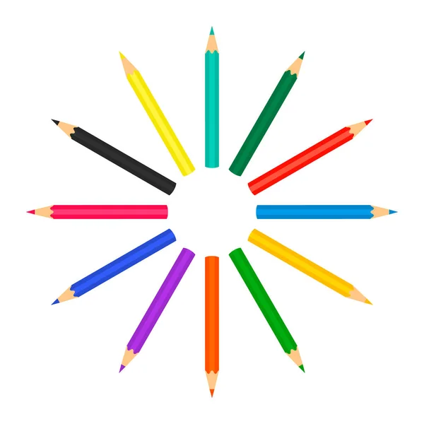 Un conjunto de lápices de colores dispuestos en un círculo. El concepto ha vuelto a la escuela . — Vector de stock