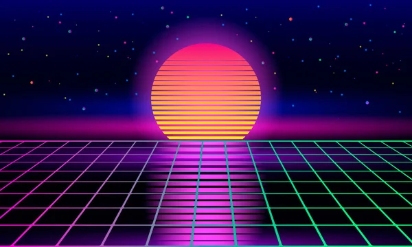 Fundo sci-fi retro dos anos 80 e 90 com o nascer do sol ou pôr do sol sol retro. Sintetizador futurista onda retro . — Vetor de Stock