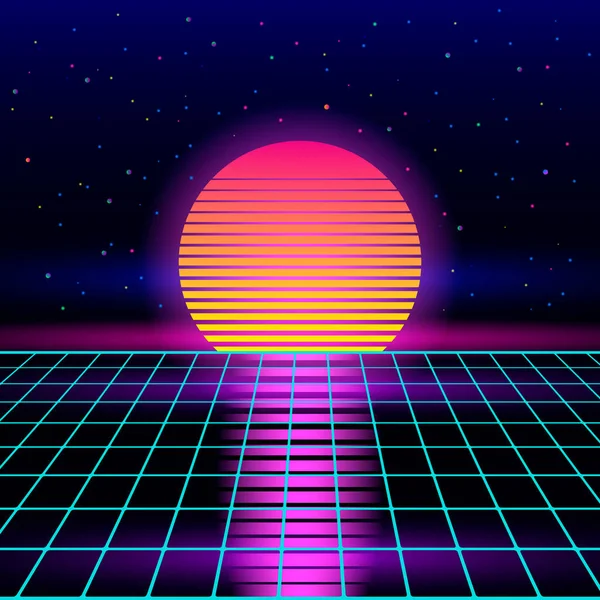 Retro sci-fi achtergrond van de jaren 80 en 90 met zonsopkomst of zonsondergang retro zon. Futuristische synthesizer retro golf. — Stockvector