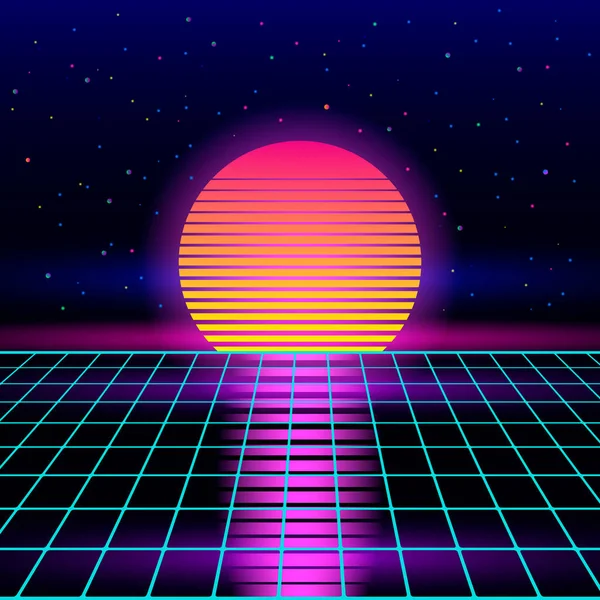 Fondo de ciencia ficción retro de los años 80 y 90 con salida del sol o puesta del sol sol retro. Sintetizador futurista onda retro . — Archivo Imágenes Vectoriales