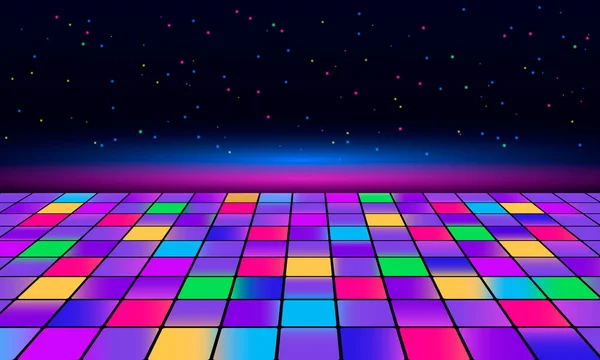 Banner para imprimir festas de discoteca noturnas. Retro vintage neon grid dance floor horizonte dos anos 80 e 90 — Vetor de Stock