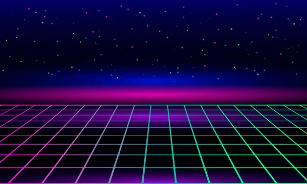 Retro vintage neon grid horizon van de jaren 80 en 90. Banner voor het afdrukken van nacht disco partijen. — Stockvector