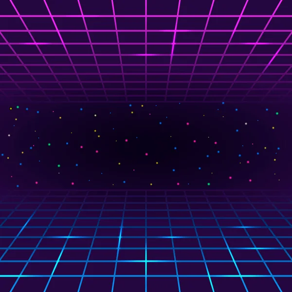 Retro vintage neon grid horizon of the 80s and 90s. Banner for printing night disco parties. — Stock Vector