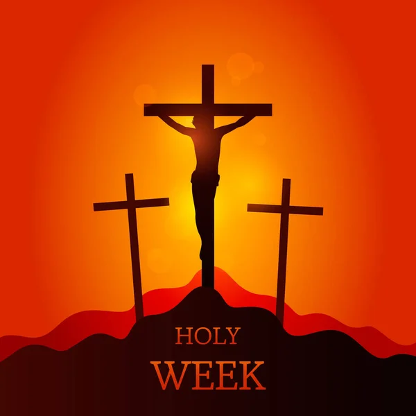 Kruisiging van Jezus Christus aan het kruis op Golgotha tegen zonsondergang. Goede vrijdag, heilige week, Pasen concept. — Stockvector