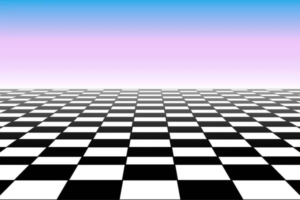 Graficzne tło szachowe perspektywy siatki. Czarna sylwetka na tle zachodu lub wschodu słońca — Wektor stockowy