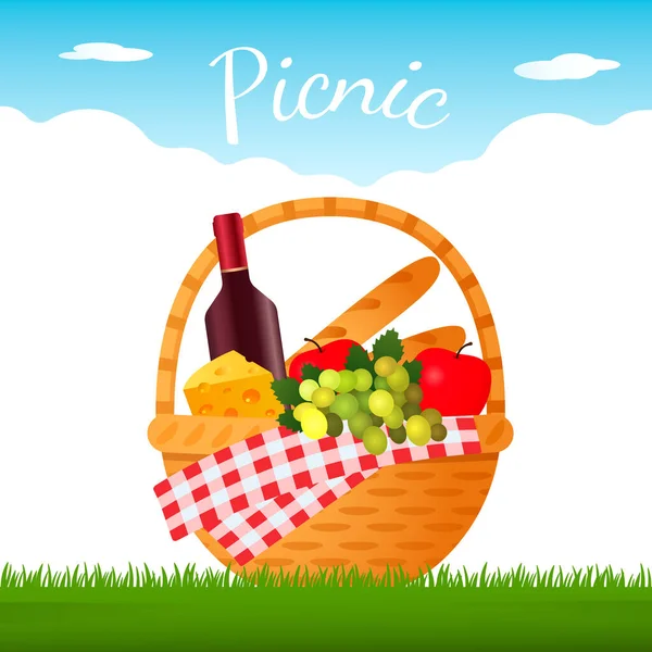 Leckerer Weidenkorb mit einer Flasche Rotwein, Obst und Käse auf grünem Gras. — Stockvektor