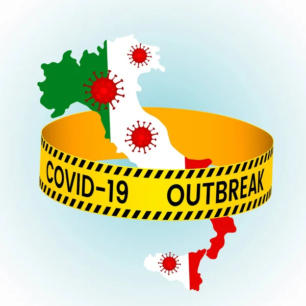 Kaart van Italië verzegeld met gele knipperende gevaarlijke tape Covid -19. Coronavirus en quarantainewereldpandemie — Stockvector