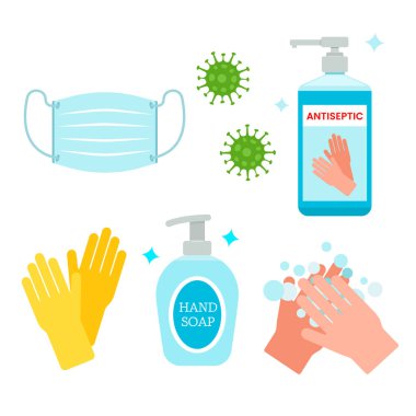 Küresel koronavirüs salgınının davranış kuralları. Tıbbi maske kullan, ellerini yıka, antiseptikle tedavi et. Hijyen ve covid -19..