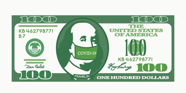 100 dólares em nota de dólar. Benjamin Franklin colocou uma máscara médica com a inscrição Covid-19 vírus . —  Vetores de Stock
