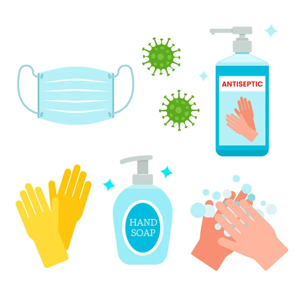 Rules of conduct for the global coronavirus pandemic. use a medical mask, wash hands, treat with an antiseptic. Hygiene with covid -19. — Stock Vector