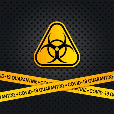 Sarı bakteriyolojik tehlike işareti ve karantina yazısıyla grafiksel pankart. Coronavirüs salgını konsepti ve Covid-19 salgını. vektör illüstrasyonu
