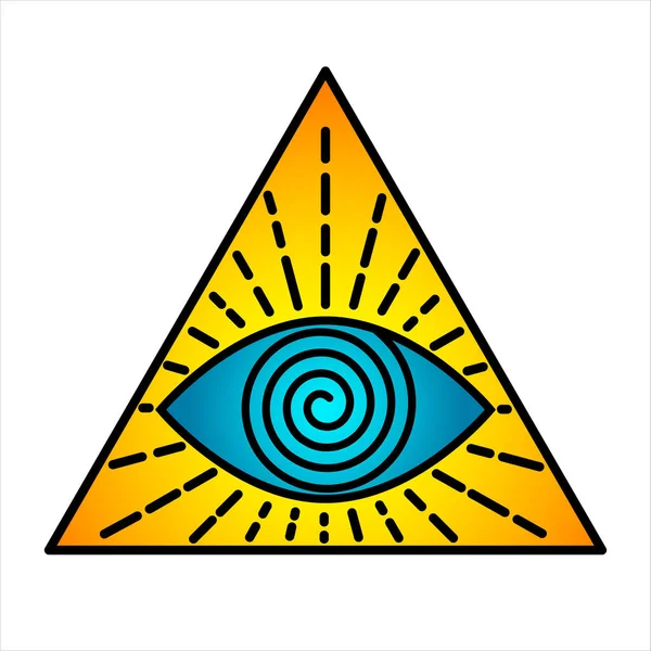 Kleurengrafiek vector alziende oog. derde oog in een driehoek met Sunburst stralen. — Stockvector