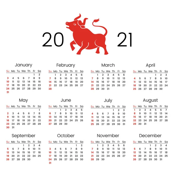 2021 Calendar New Year Image Year Bull According Lunar Chinese Stock Illustration