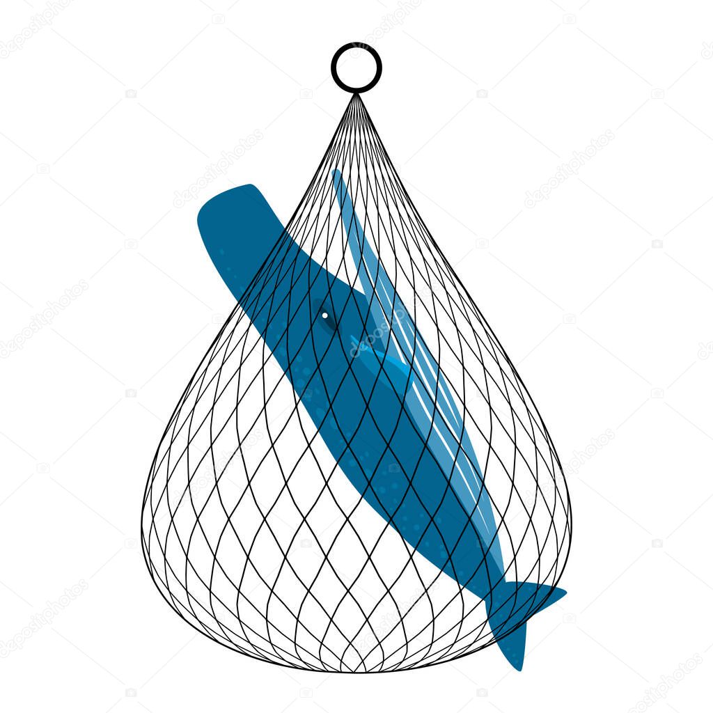 whales were caught in the fishing net. Cartoon style flat icon vector illustration isolated on white background.
