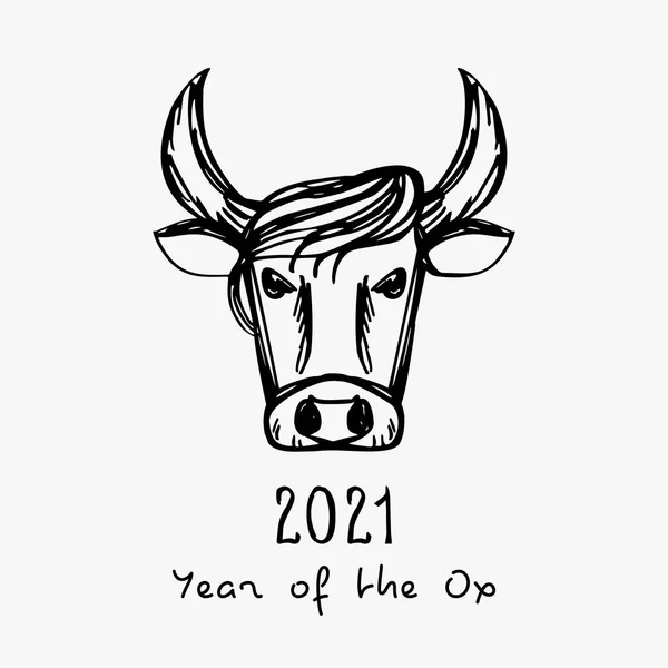 Odręcznie napisany napis nowego roku 2021 z szkicem pyska byka. napis pędzla i atramentu na białym tle. — Wektor stockowy
