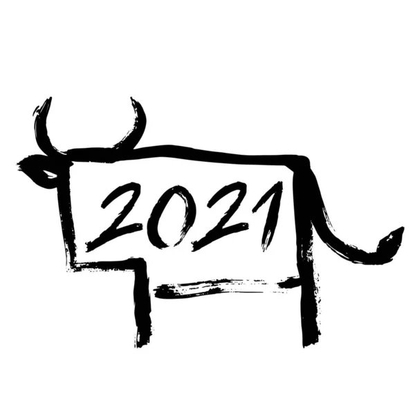 Odręcznie napisany napis nowego roku 2021 ze szkicem byka. napis pędzla i atramentu na białym tle. — Wektor stockowy