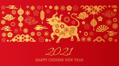 Happy chinese new year. the white metal ox is a symbol of 2021, the Chinese New Year. Template banner, poster, greeting cards. Sakura, rat, lantern, flowers. golden vector illustration clipart