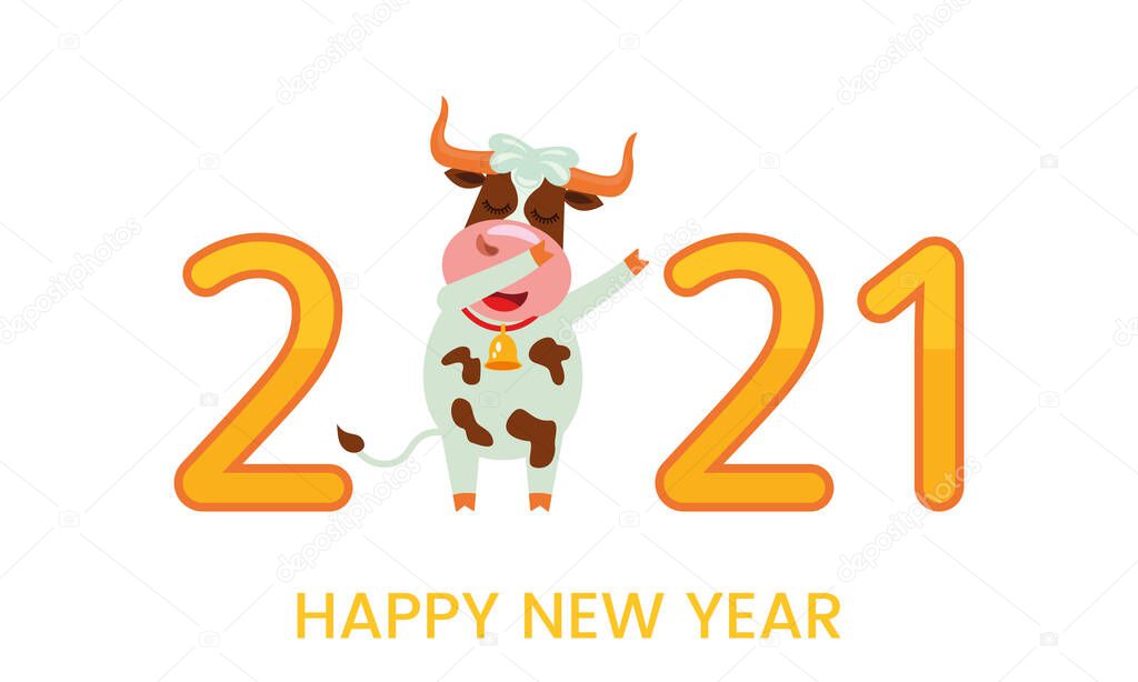The cheerful character of the bull is a symbol of the new 2021. Holiday card or Happy New Year - ox year! Vector illustration in cartoon style.