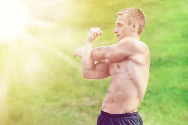 Hombre musculoso practicar entrenamiento callejero en un gimnasio al aire libre —  Fotos de Stock